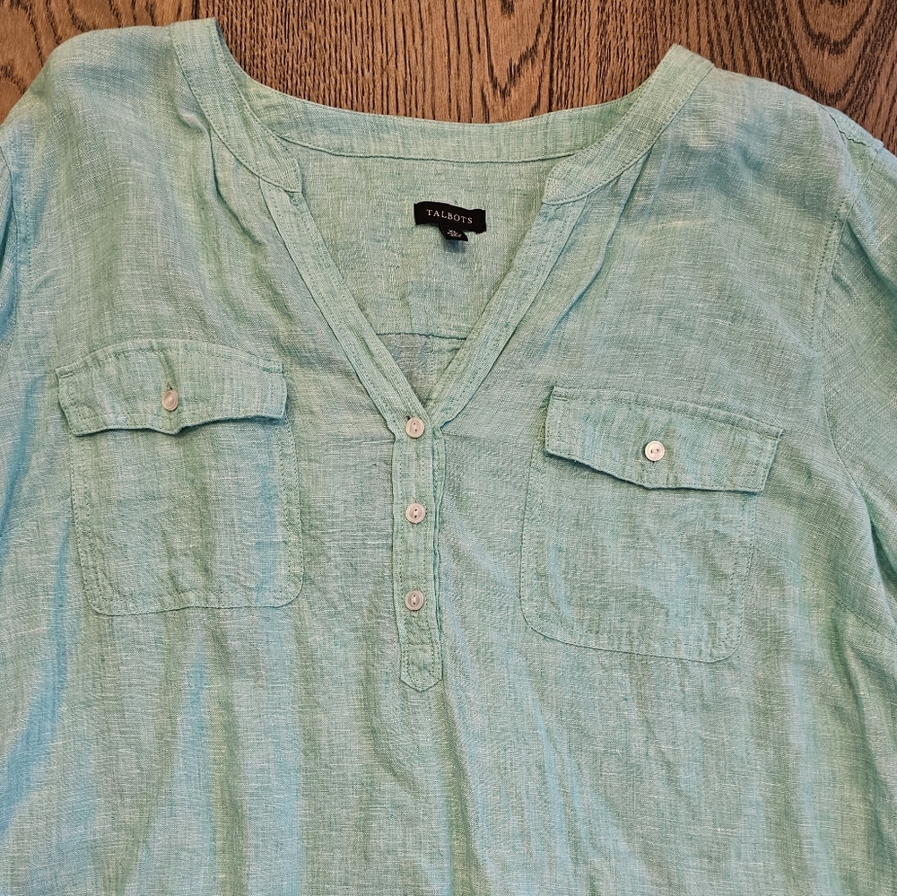 Talbots Linen Camp Shirt size XL Sea Foam Green